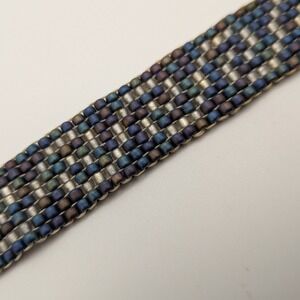 Vtg Handmade Loom Woven Seed Bead Bracelet Grey Blue Purple Iridescent USA 7.5"